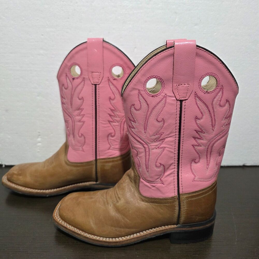 Old West Girls' Pink Brown Carona Calf Leather Square Toe Cowgirl Boots  Sz 20